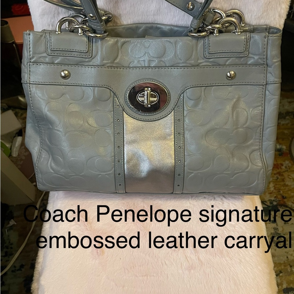 Coach Signature Embossed Gray Leather Shoulder Bag